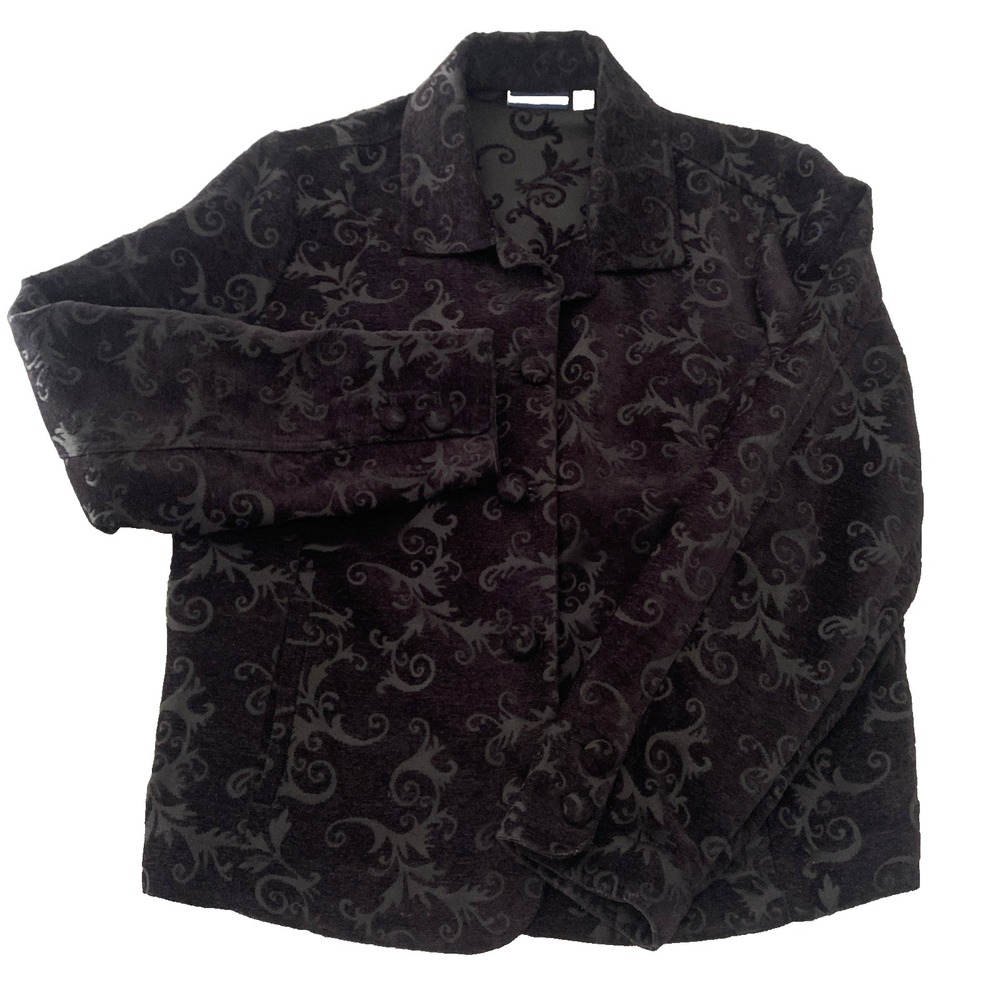 Croft & Barrow Jacket Womens L‎ Black Velvet Floral Damask Baroque Chic Goth